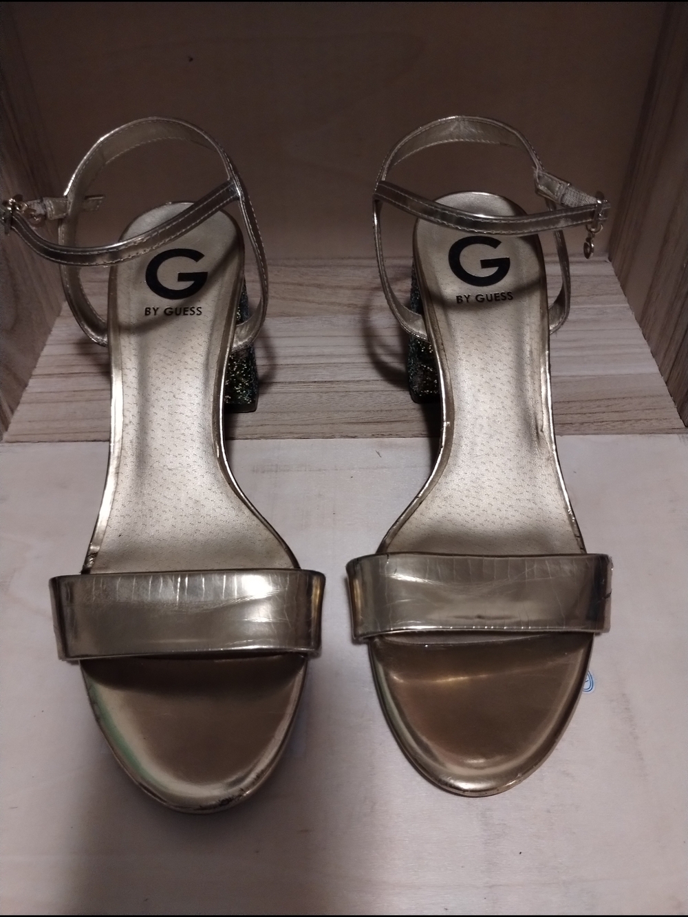 G by GUESS Women's Gold Strappy Block Heel Sandals